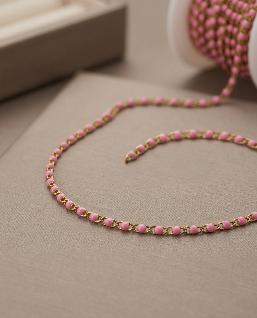 Gold SS Enamel Pink Bracelet